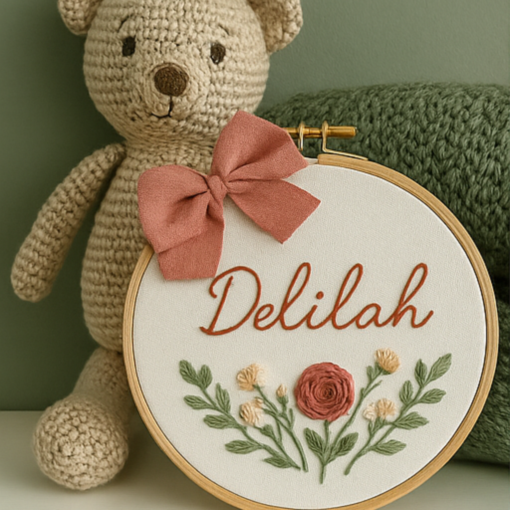 Custom baby name embroidery hoop — ‘Delilah’ in cursive with bow and floral accents, styled with a crochet teddy and green knit blanket for nursery décor