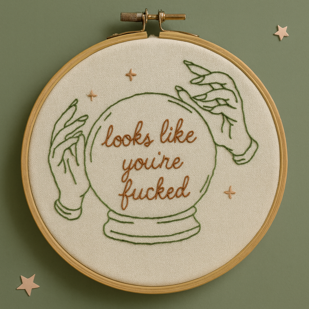 Flat lay of natural wood embroidery hoops on linen with cheeky phrase in cursive, dried florals and sage accents — Sassy Stitches collection banner