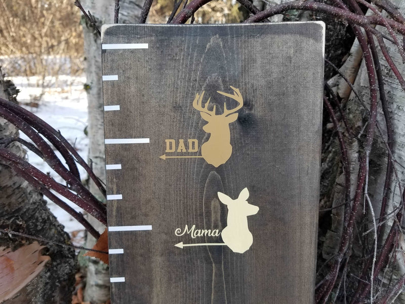 A wooden growth chart with Deer Height Marking Arrows by Little Prairie Craft Co.