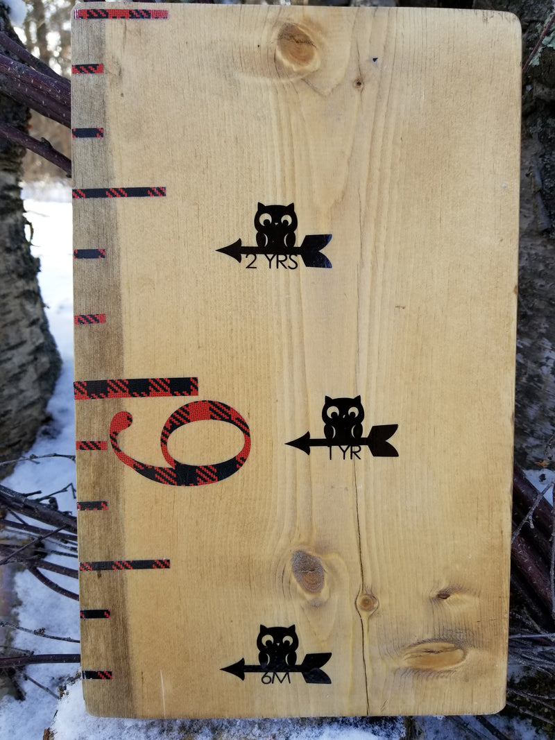 A wooden board with the Little Prairie Craft Co. Owl Growth Chart Arrows on it.