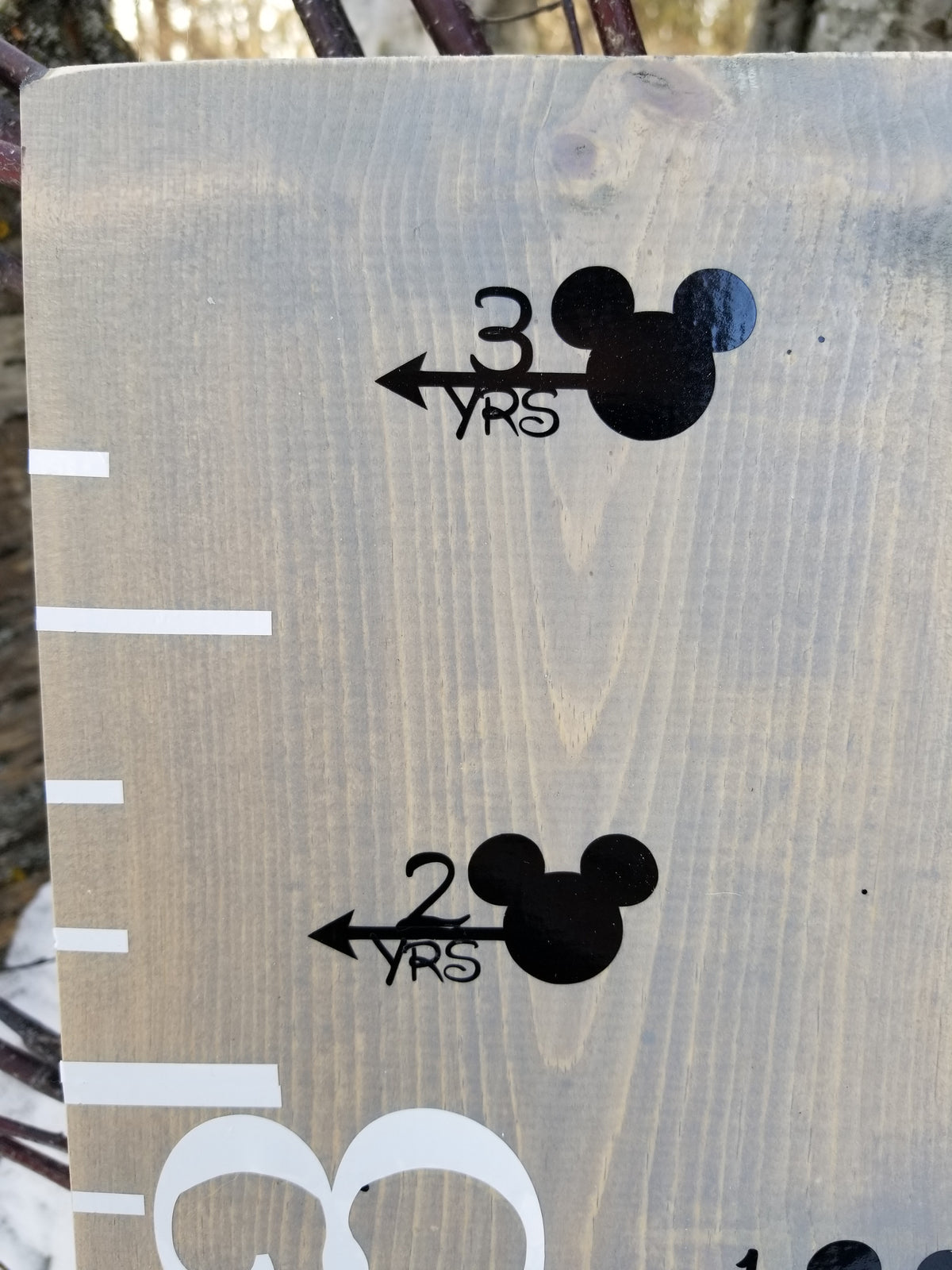 A wooden sign with Mickey Mouse ears on it.