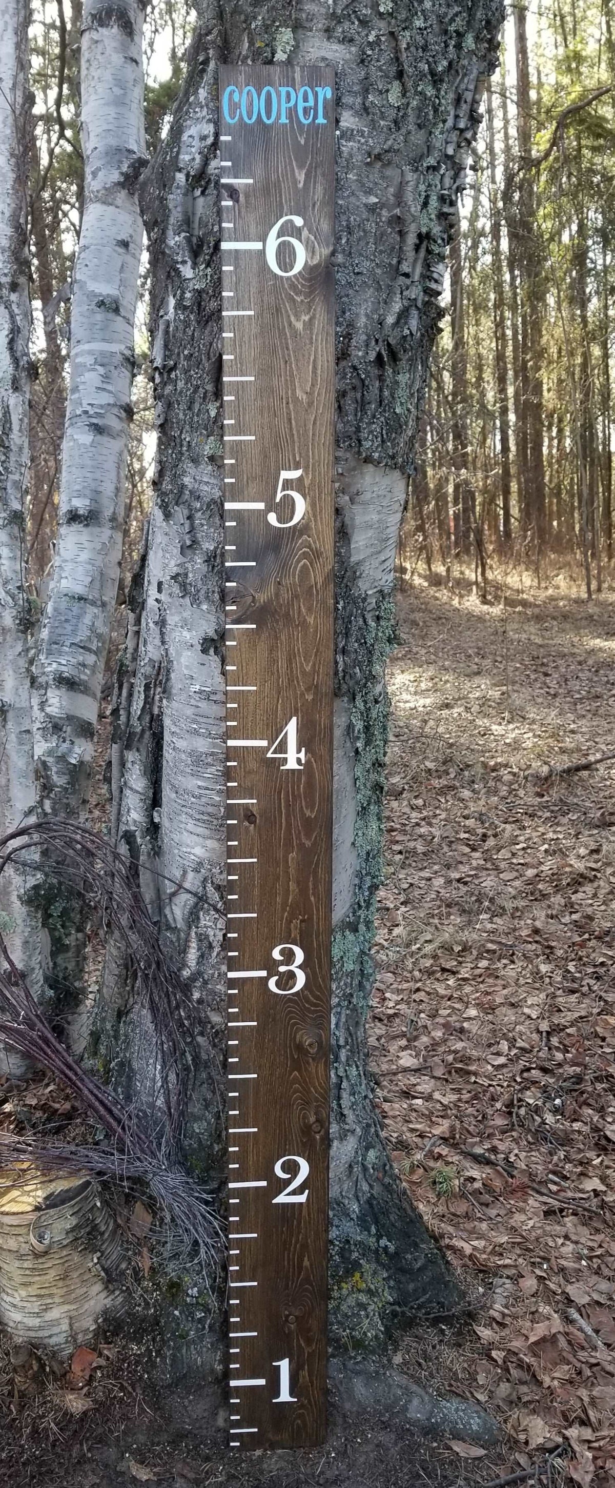 A Little Prairie Craft Co. wooden growth chart standing next to a tree in the woods.