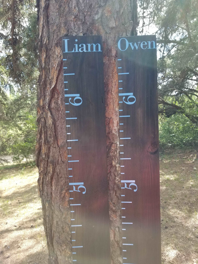 A Little Prairie Craft Co. wooden growth chart with the name Liam Owen on it.