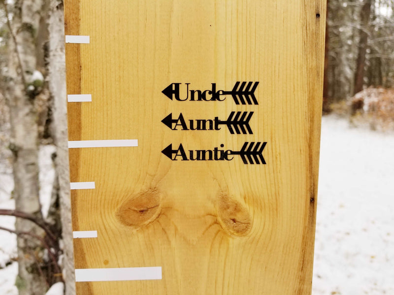 A Little Prairie Craft Co. wooden sign with arrows pointing in different directions, called Classic/Traditional Family Height Markers.