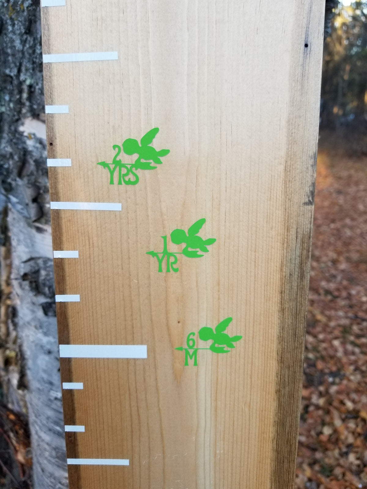A Turtle Height Marking Arrows growth chart with green leaves on it by Little Prairie Craft Co.