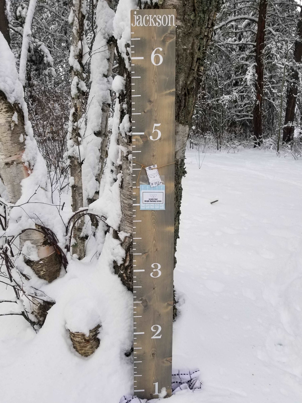 A Little Prairie Craft Co. wooden Add a Name to Growth Chart or DIY Decal growth chart in the snow next to a tree.
