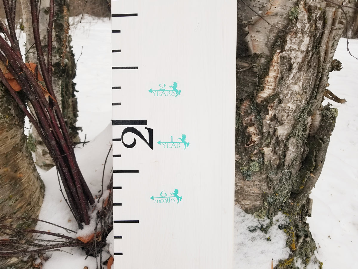 A Unicorn Height Marking Arrows from Little Prairie Craft Co. is placed next to a tree in the snow.
