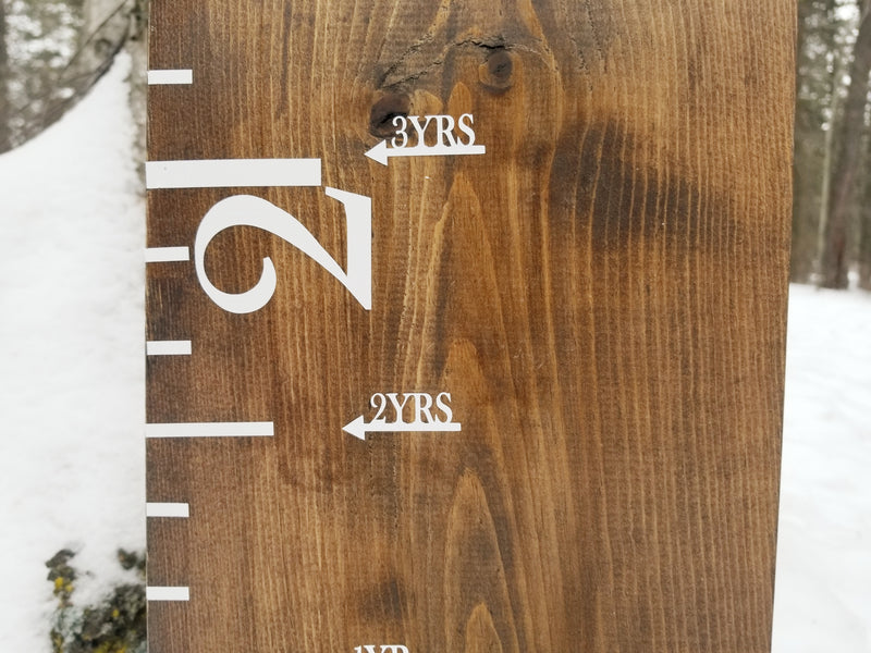 A Simple Height Marking Arrows growth chart on a tree in the snow by Little Prairie Craft Co.