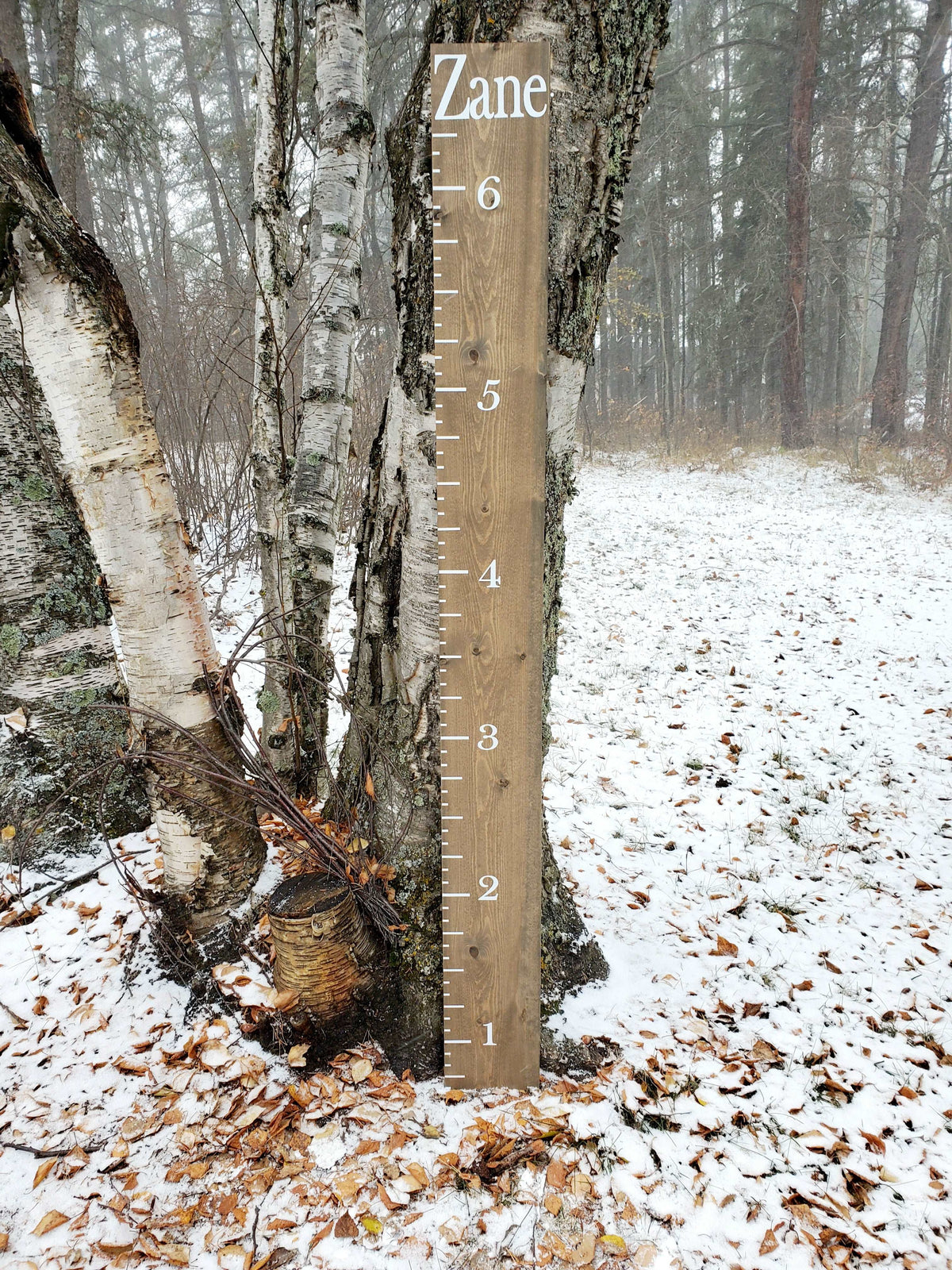 A Little Prairie Craft Co. wooden growth chart standing next to a tree in the woods.