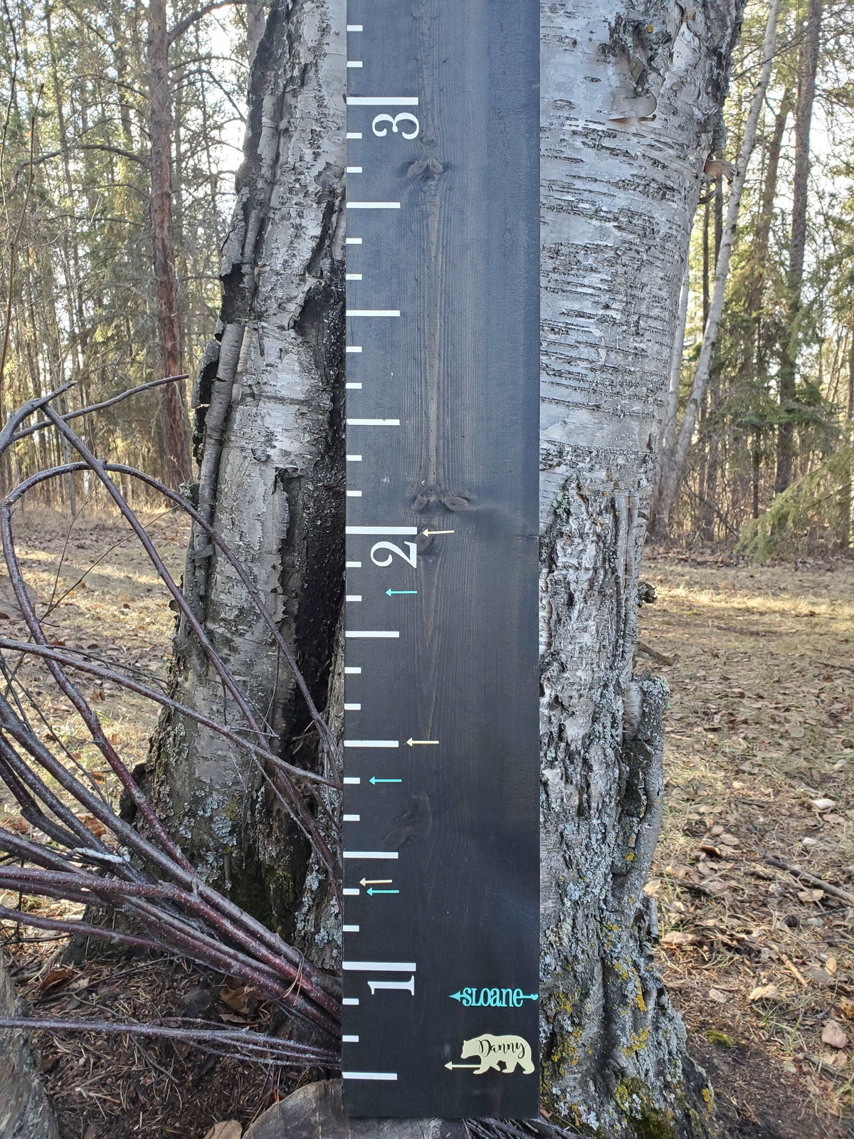 A birch tree with a Little Prairie Craft Co. Add a Matching Personalized Legend Arrow next to it.