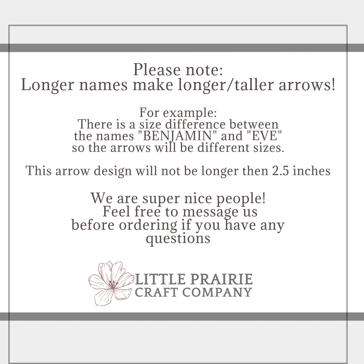 A sign that reads, please note Fur-Baby 243 Dog Breed Growth Chart Arrows from Little Prairie Craft Co. are longer arrows for longer names.