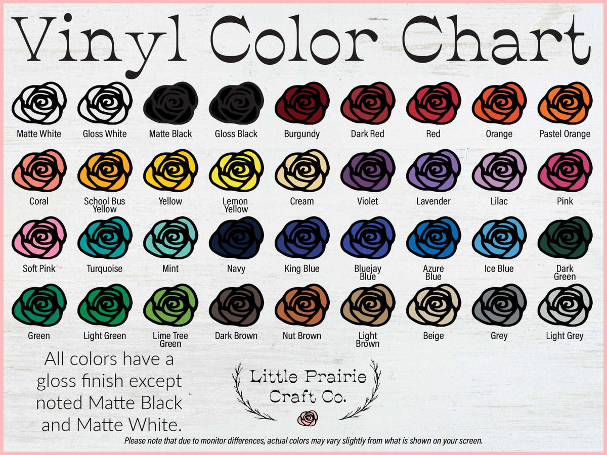 Little Prairie Craft Co.'s Vinyl color chart.