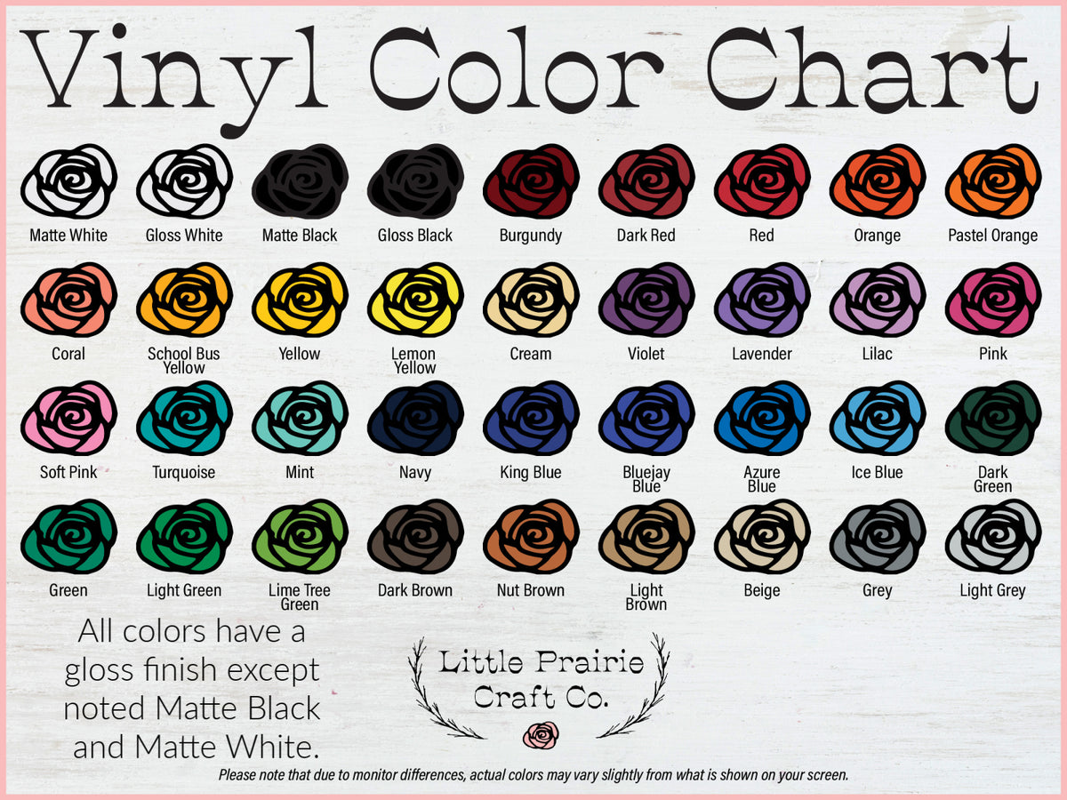 Little Prairie Craft Co. Vinyl color chart.