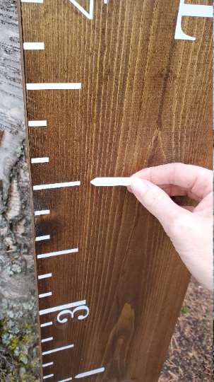 A person holding a Little Prairie Craft Co. Blank Write Yourself Height Marking Arrows in front of a tree.