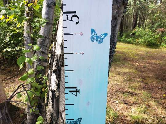A Little Prairie Craft Co. wooden growth chart with Damask Height Marking Arrows painted on it.