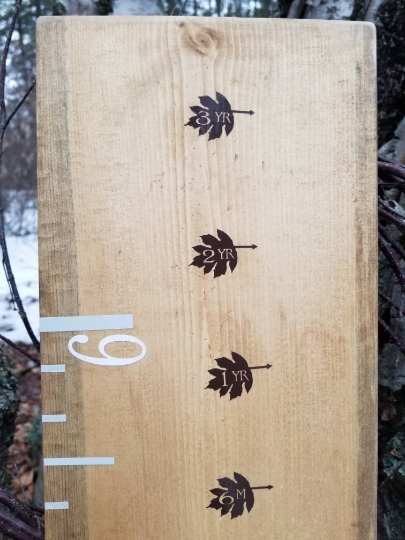 A Wooden Growth Chart with Leaf Height Marking Arrows by Little Prairie Craft Co.