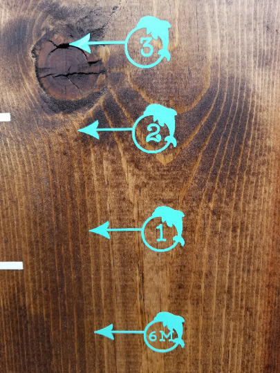 A wooden board with Dolphin Height Marking Arrows from Little Prairie Craft Co. pointing in different directions.