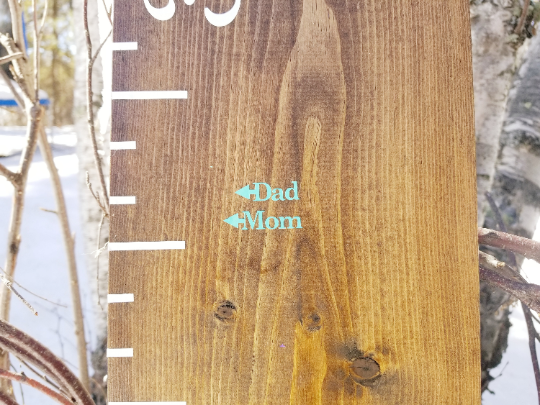A Little Prairie Craft Co. wooden growth chart with the words dad and mom, featuring Every Age Milestone Height Marking Arrows.