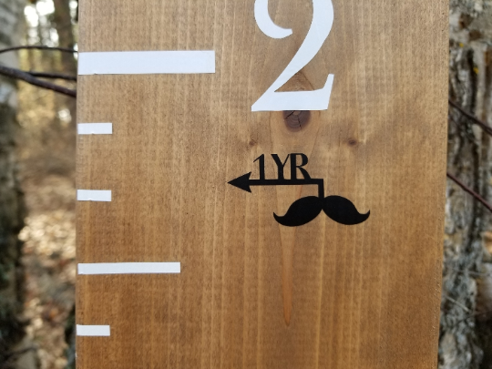 A wooden growth chart with Moustache Height Marking Arrows from Little Prairie Craft Co. on it.