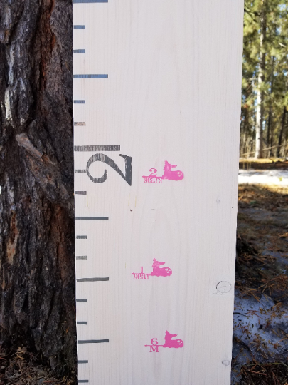A wooden growth chart with Fawn Height Marking Arrows from Little Prairie Craft Co. on it.