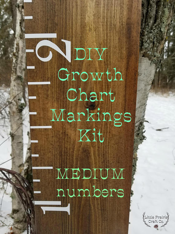 A wooden growth chart with the words Original DIY Growth Chart Vinyl Ruler Kit marking kit by Little Prairie Craft Co.