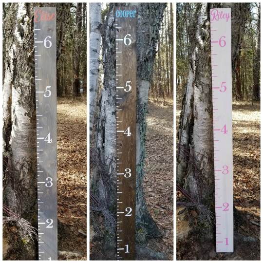 Four pictures of a Imperial | EASY DIY Growth Chart Vinyl Ruler Kit by Little Prairie Craft Co. next to a tree.