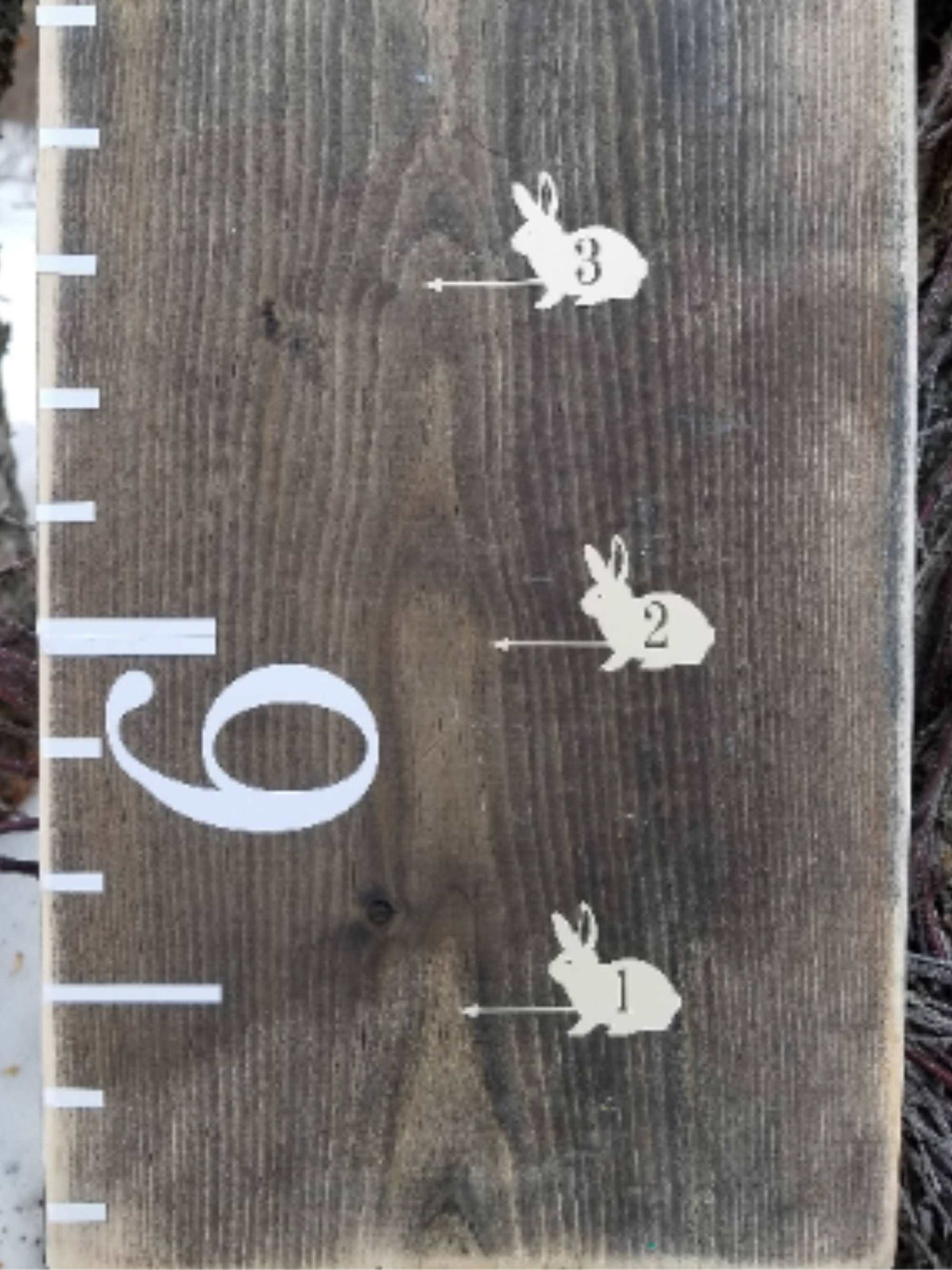 A wooden growth chart with Bunny Height Marking Arrows from Little Prairie Craft Co.