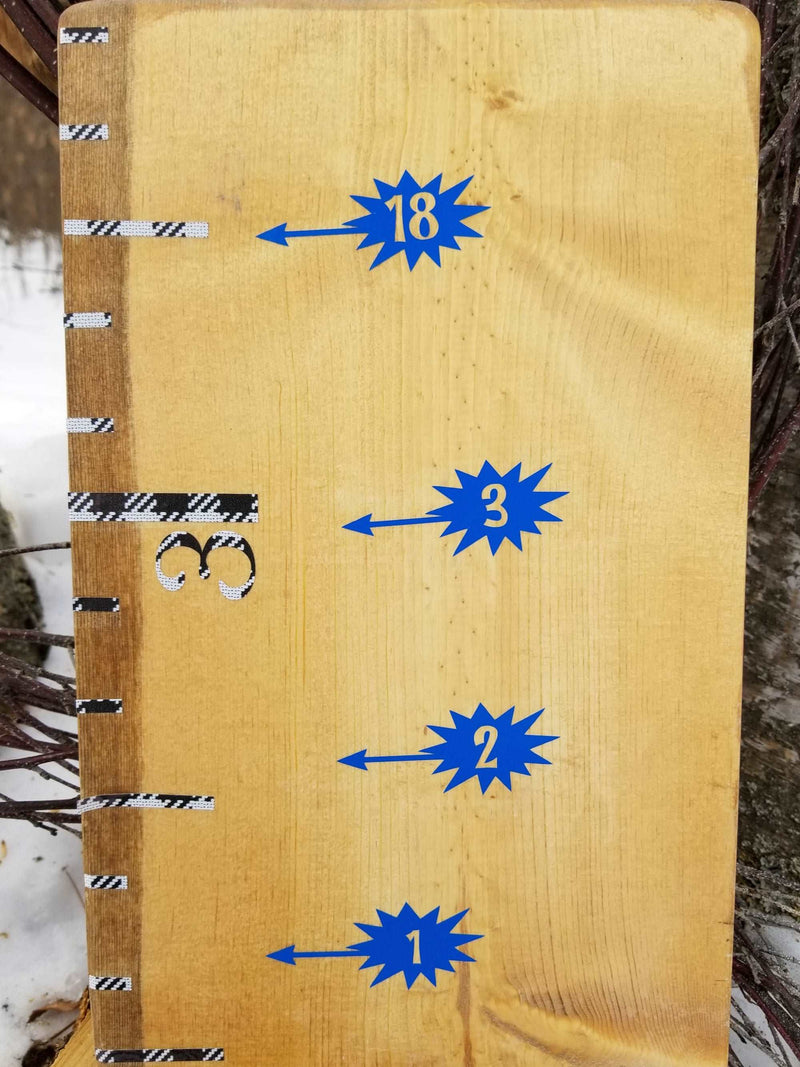 A Little Prairie Craft Co. wooden board with Comic Speech Bubble Height Marking Arrows on it.