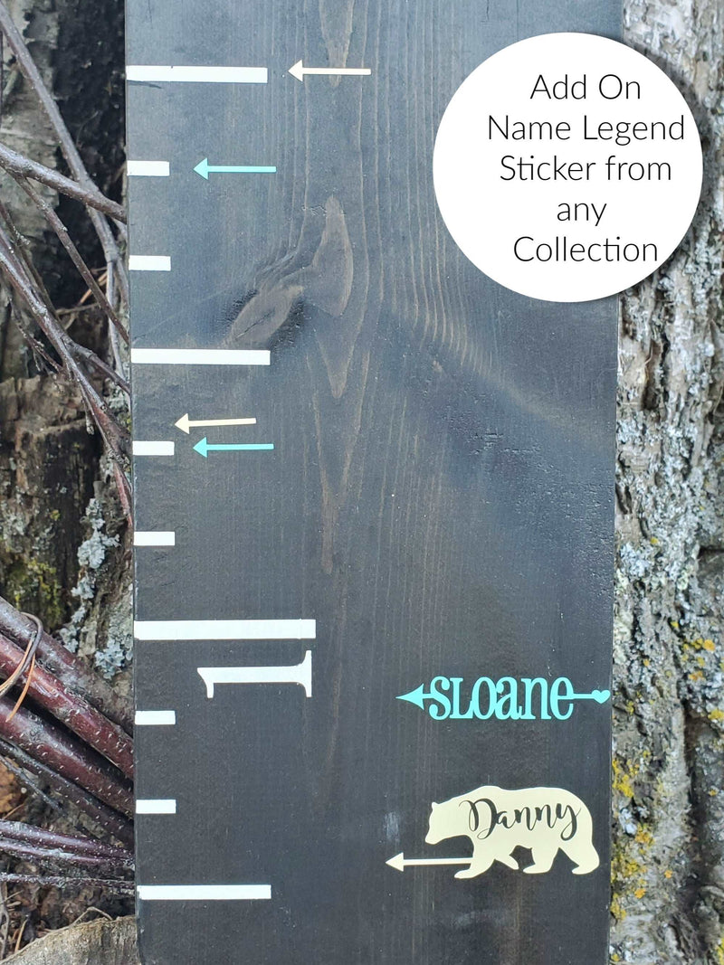 A Little Prairie Craft Co. wooden growth chart with a bear and Add a Matching Personalized Legend Arrow on it.