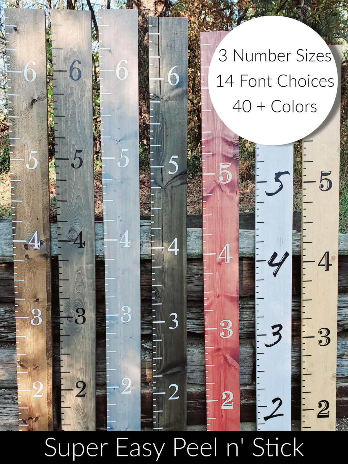 A wooden Imperial | EASY DIY Growth Chart Vinyl Ruler Kit with the words easy peel stick from Little Prairie Craft Co.