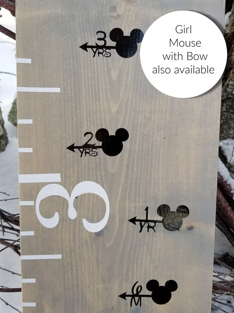 A wooden growth chart with Mouse Height Marking Arrows and mickey mouse and mouse ears - Little Prairie Craft Co.
