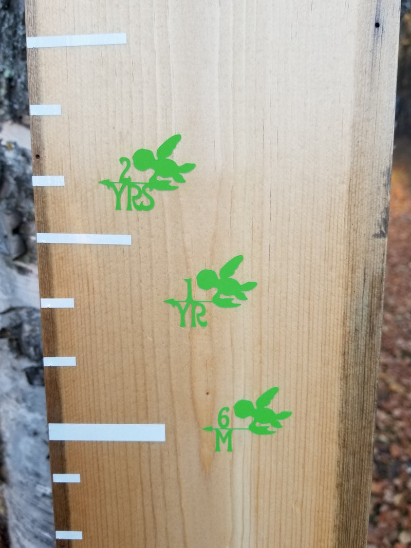 A Little Prairie Craft Co. wooden growth chart with green birds on it.