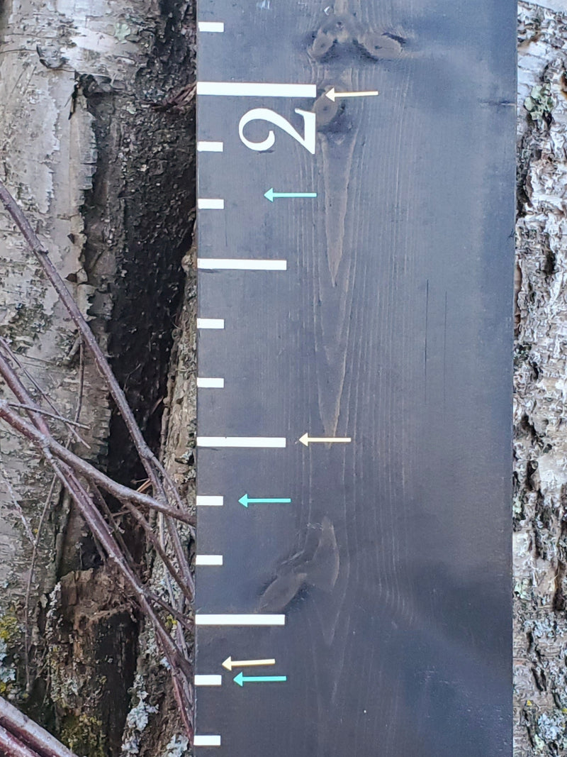 A Lil Plain Height Marking Arrows from Little Prairie Craft Co. is sitting on top of a tree.