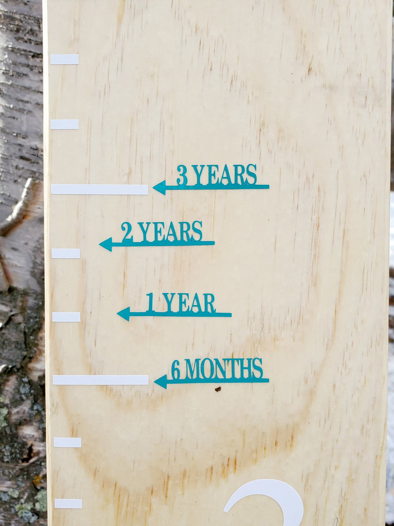 A Little Prairie Craft Co. wooden growth chart with numbers on it featuring Modern Basic Height Marking Arrows.